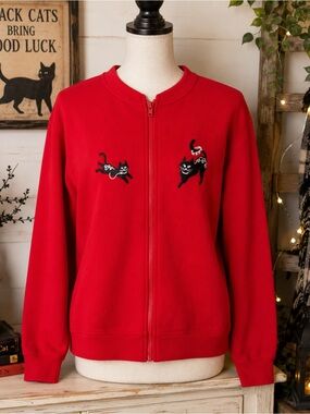 Vintage 90s Fruit of the Loom Red Full Zip Black Cats Applique Sweatshirt M